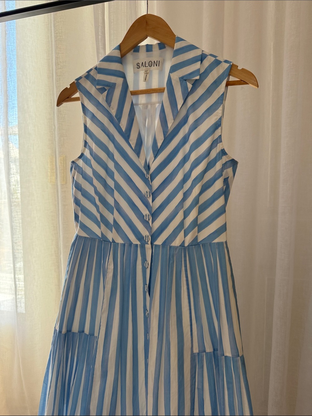SALONI Blue and White Striped Sleeveless Maxi Dress